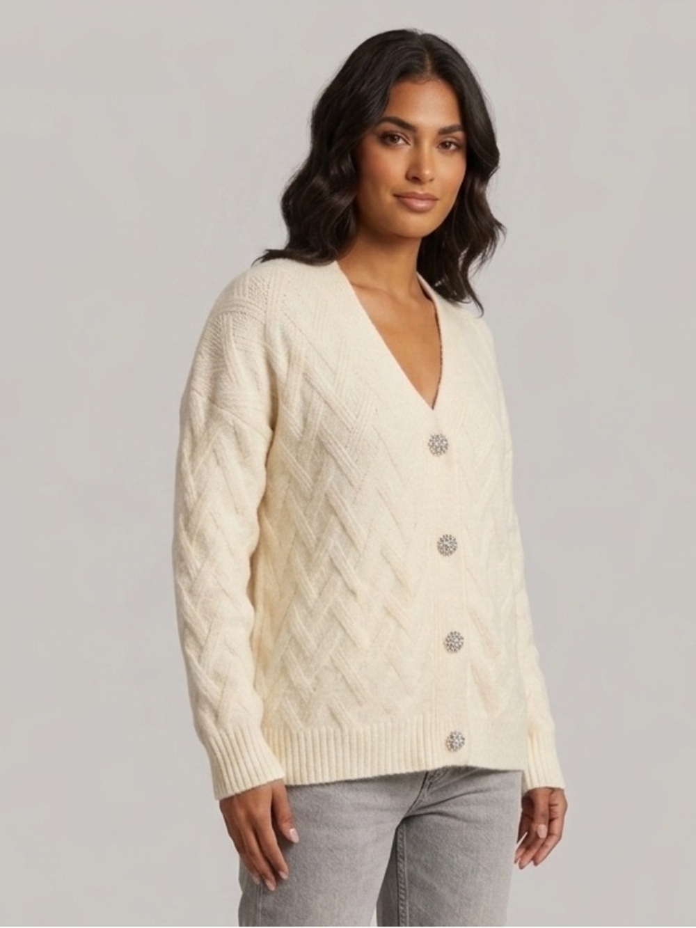 NWT ✨ Ninety Cream Cable Knit V-Neck Button Cardigan size Large